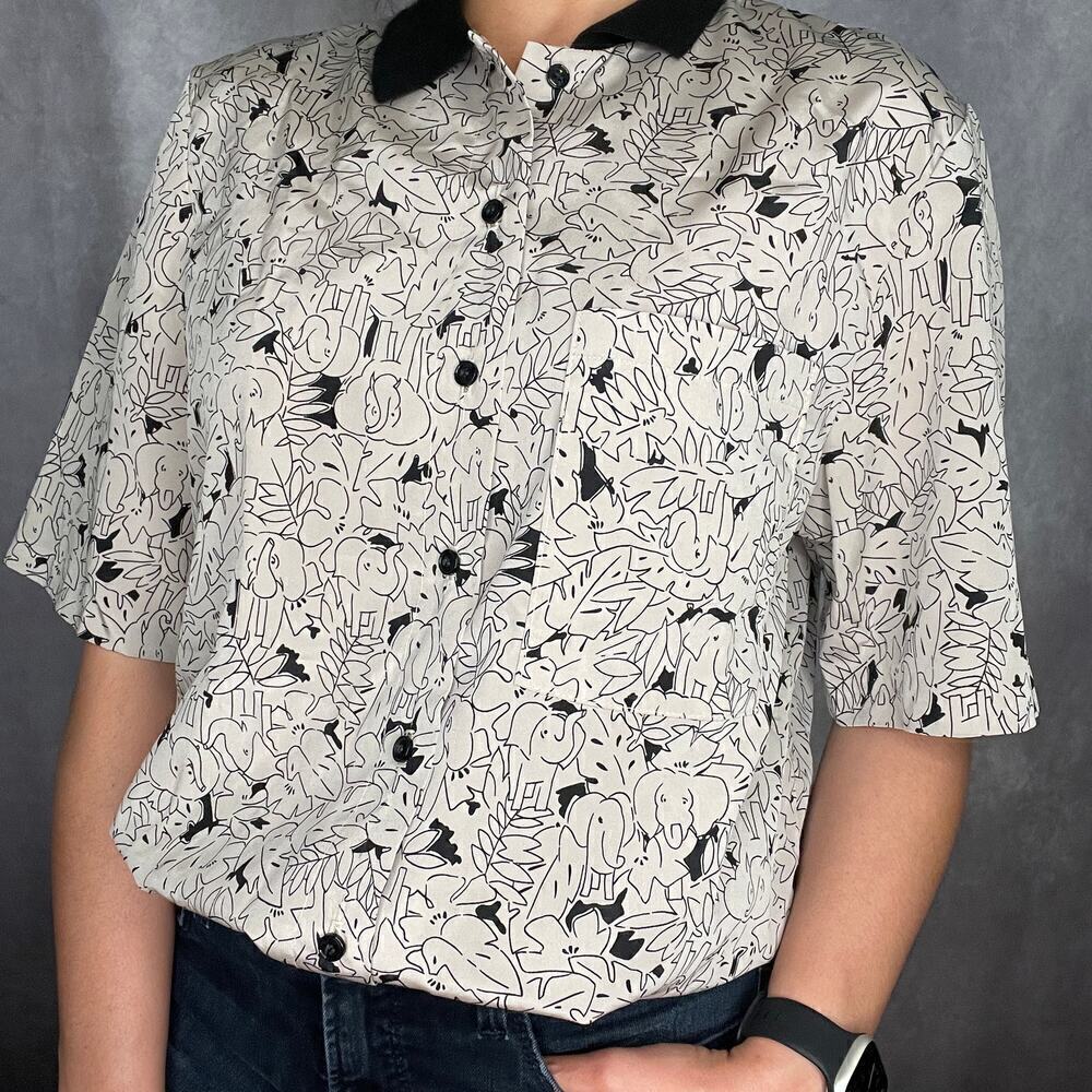 Vintage Elephant Safari Blouse Shirt Womens M/L 12 Russ USA Union Retro Jungle